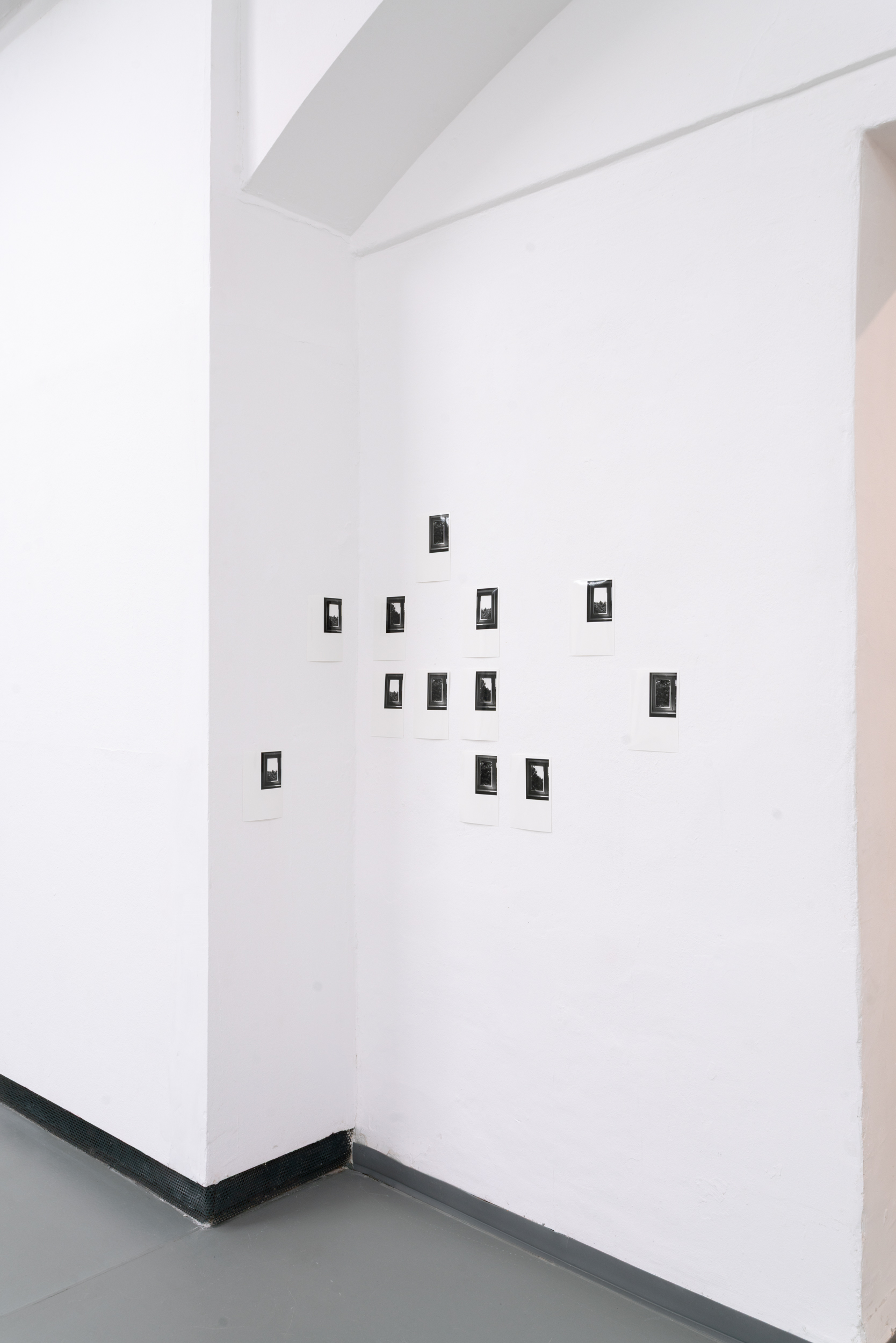 Stock für Stock, 2026 – Wandinstallation aus dreizehn kleinformatigen Schwarzweiß-Fotografien.
